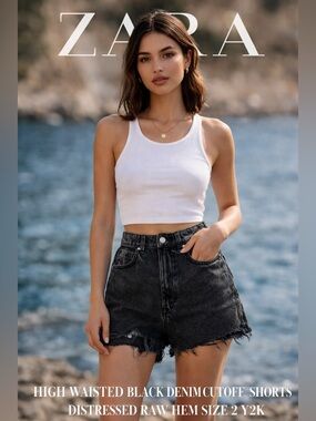 ZARA High Waisted Black Denim Cutoff Shorts Distressed Raw Hem Size 2 Y2K